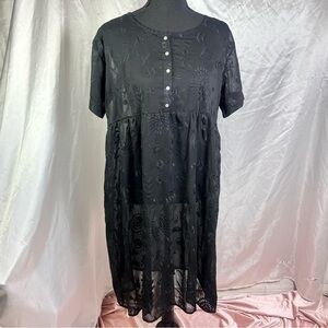 Vintage Sheer Black Mesh Floral Embroidered Loose Fit Dress Whimsygoth Fairycore